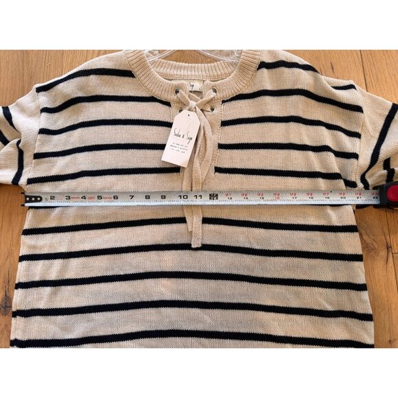 Sadie & Sage Cream Black Stripe Lace up Pullover Sweater Womens Size Large - Picture 7 of 8